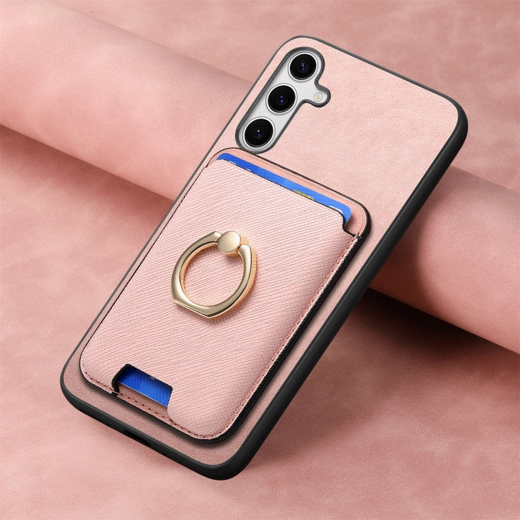 For Samsung Galaxy S25 5G Retro Cross Leather Ring Vertical Insert Card Bag MagSafe Phone Case(Pink) - Galaxy S25 5G Cases by PMC Jewellery | Online Shopping South Africa | PMC Jewellery | Buy Now Pay Later Mobicred