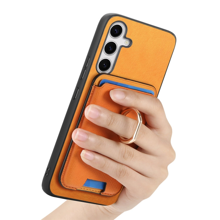 For Samsung Galaxy S25+ 5G Retro Cross Leather Ring Vertical Insert Card Bag MagSafe Phone Case(Yellow) - Galaxy S25+ 5G Cases by PMC Jewellery | Online Shopping South Africa | PMC Jewellery | Buy Now Pay Later Mobicred