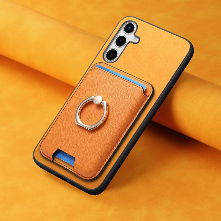 For Samsung Galaxy S25+ 5G Retro Cross Leather Ring Vertical Insert Card Bag MagSafe Phone Case(Yellow) - Galaxy S25+ 5G Cases by PMC Jewellery | Online Shopping South Africa | PMC Jewellery | Buy Now Pay Later Mobicred