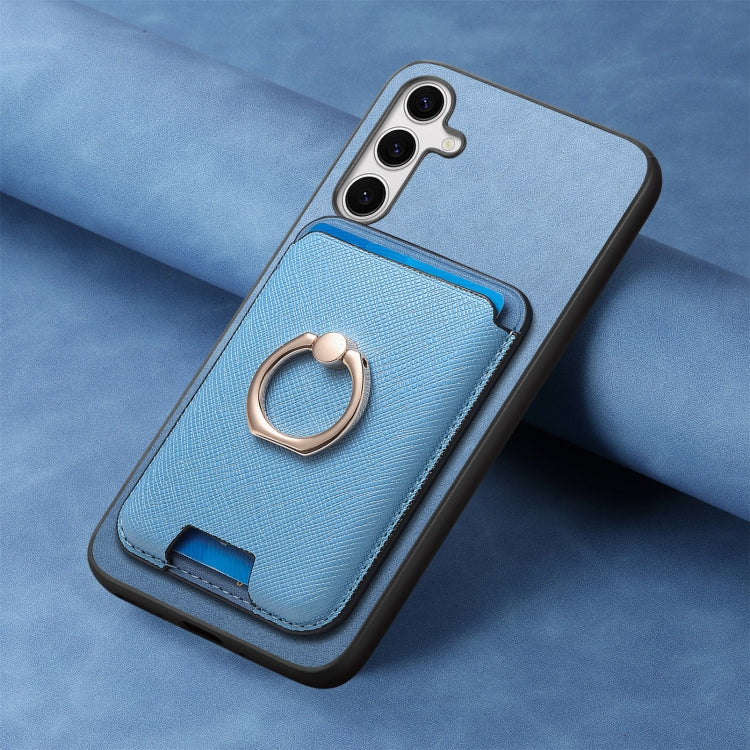 For Samsung Galaxy S25+ 5G Retro Cross Leather Ring Vertical Insert Card Bag MagSafe Phone Case(Blue) - Galaxy S25+ 5G Cases by PMC Jewellery | Online Shopping South Africa | PMC Jewellery | Buy Now Pay Later Mobicred