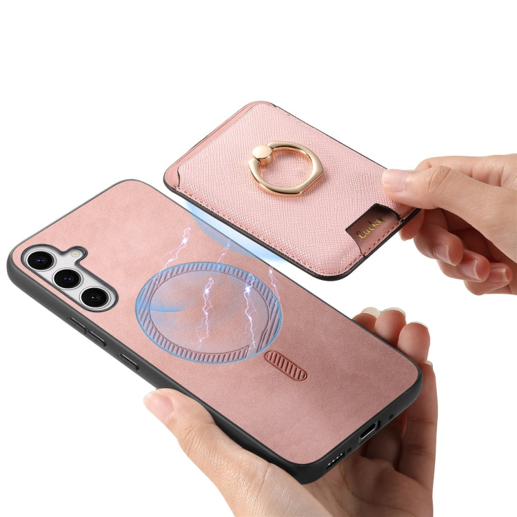 For Samsung Galaxy S25+ 5G Retro Cross Leather Ring Vertical Insert Card Bag MagSafe Phone Case(Pink) - Galaxy S25+ 5G Cases by PMC Jewellery | Online Shopping South Africa | PMC Jewellery | Buy Now Pay Later Mobicred