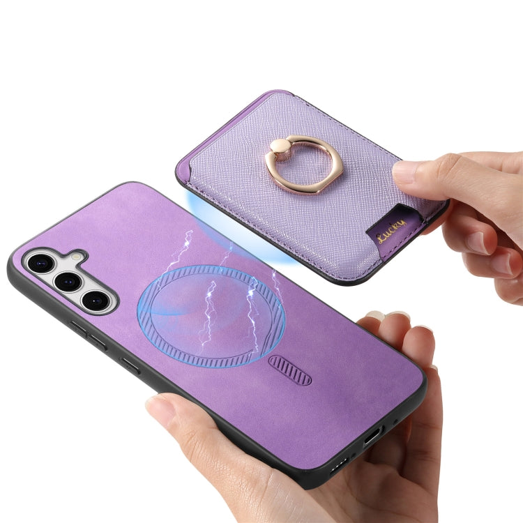 For Samsung Galaxy S25+ 5G Retro Cross Leather Ring Vertical Insert Card Bag MagSafe Phone Case(Purple) - Galaxy S25+ 5G Cases by PMC Jewellery | Online Shopping South Africa | PMC Jewellery | Buy Now Pay Later Mobicred