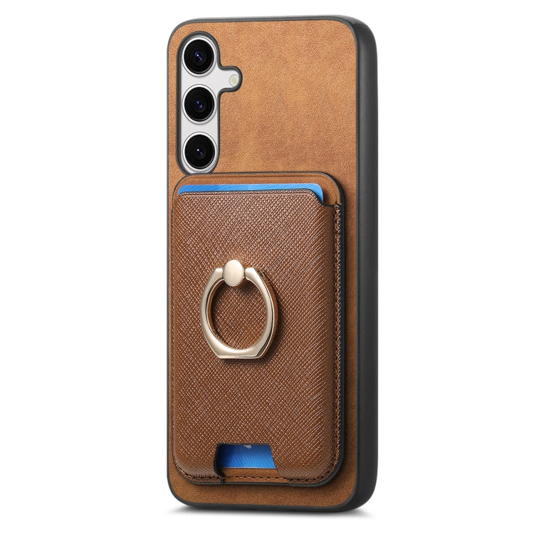 For Samsung Galaxy S25+ 5G Retro Cross Leather Ring Vertical Insert Card Bag MagSafe Phone Case(Brown) - Galaxy S25+ 5G Cases by PMC Jewellery | Online Shopping South Africa | PMC Jewellery | Buy Now Pay Later Mobicred