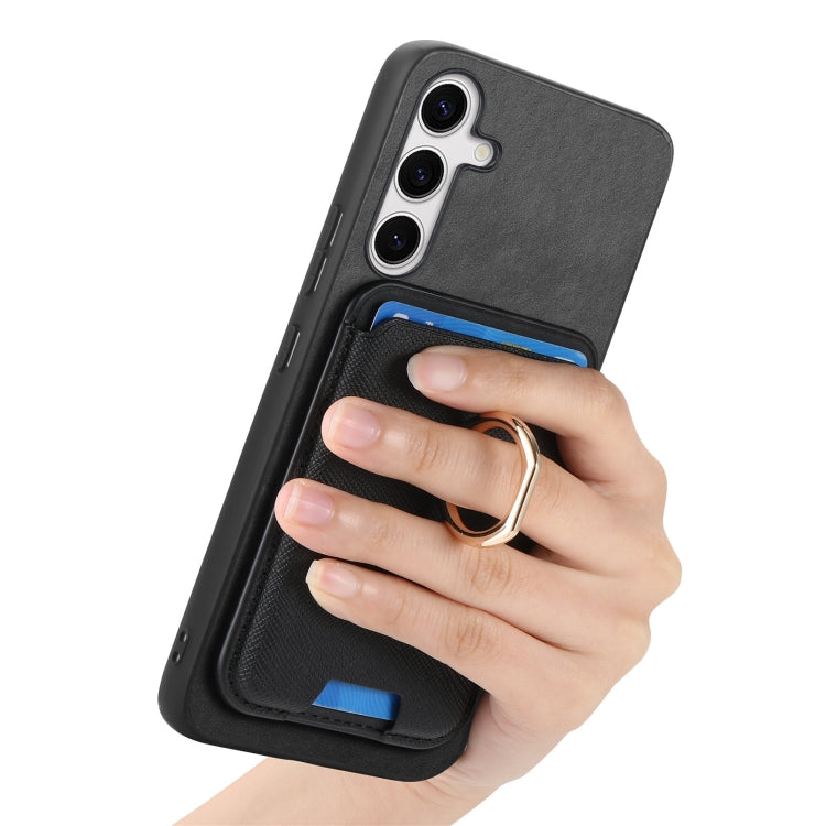 For Samsung Galaxy S25+ 5G Retro Cross Leather Ring Vertical Insert Card Bag MagSafe Phone Case(Black) - Galaxy S25+ 5G Cases by PMC Jewellery | Online Shopping South Africa | PMC Jewellery | Buy Now Pay Later Mobicred