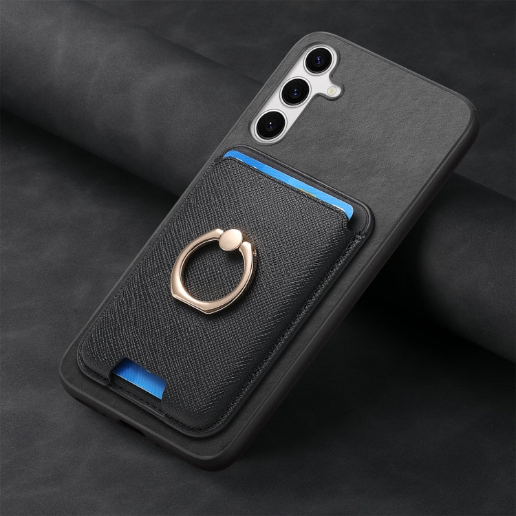 For Samsung Galaxy S25+ 5G Retro Cross Leather Ring Vertical Insert Card Bag MagSafe Phone Case(Black) - Galaxy S25+ 5G Cases by PMC Jewellery | Online Shopping South Africa | PMC Jewellery | Buy Now Pay Later Mobicred