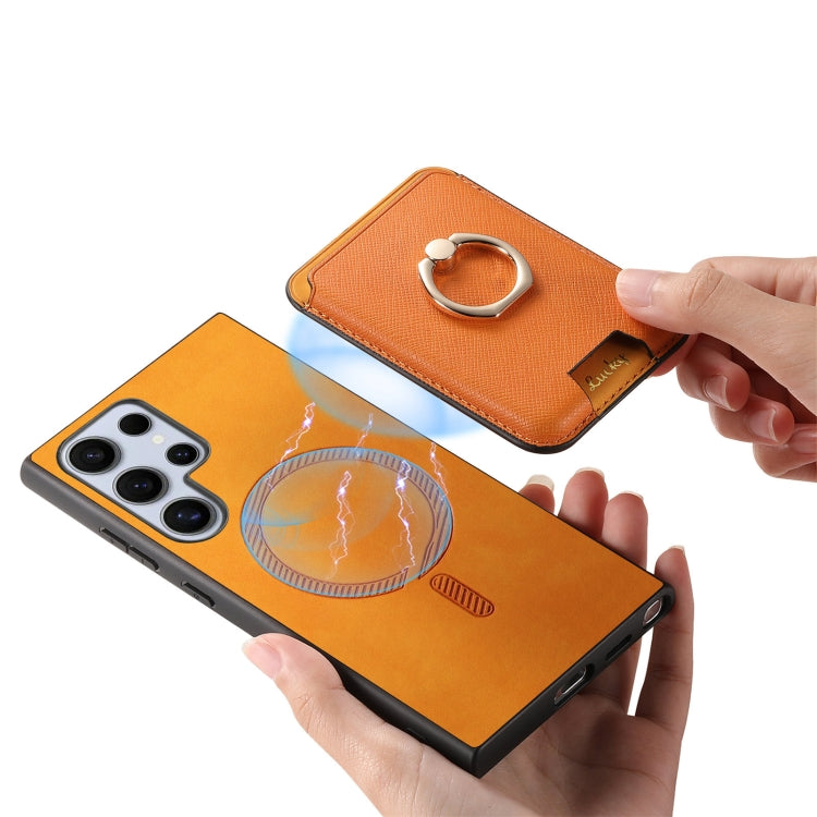 For Samsung Galaxy S25 Ultra 5G Retro Cross Leather Ring Vertical Insert Card Bag MagSafe Phone Case(Yellow) - Galaxy S25 Ultra 5G Cases by PMC Jewellery | Online Shopping South Africa | PMC Jewellery | Buy Now Pay Later Mobicred