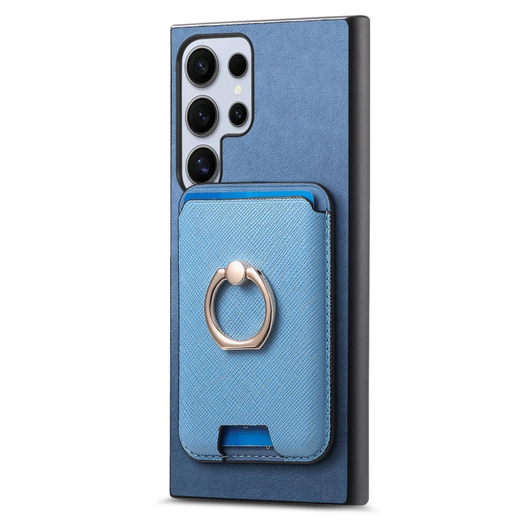 For Samsung Galaxy S25 Ultra 5G Retro Cross Leather Ring Vertical Insert Card Bag MagSafe Phone Case(Blue) - Galaxy S25 Ultra 5G Cases by PMC Jewellery | Online Shopping South Africa | PMC Jewellery | Buy Now Pay Later Mobicred