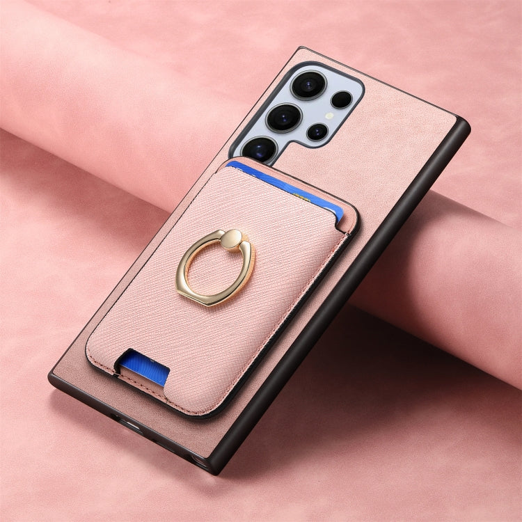 For Samsung Galaxy S25 Ultra 5G Retro Cross Leather Ring Vertical Insert Card Bag MagSafe Phone Case(Pink) - Galaxy S25 Ultra 5G Cases by PMC Jewellery | Online Shopping South Africa | PMC Jewellery | Buy Now Pay Later Mobicred