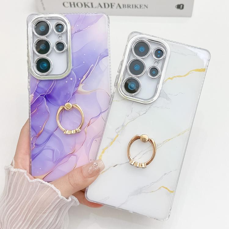 For Samsung Galaxy S25 Ultra 5G Electroplated Marble Texture Ring Holder Phone Case(Light Blue S5) - Galaxy S25 Ultra 5G Cases by PMC Jewellery | Online Shopping South Africa | PMC Jewellery | Buy Now Pay Later Mobicred