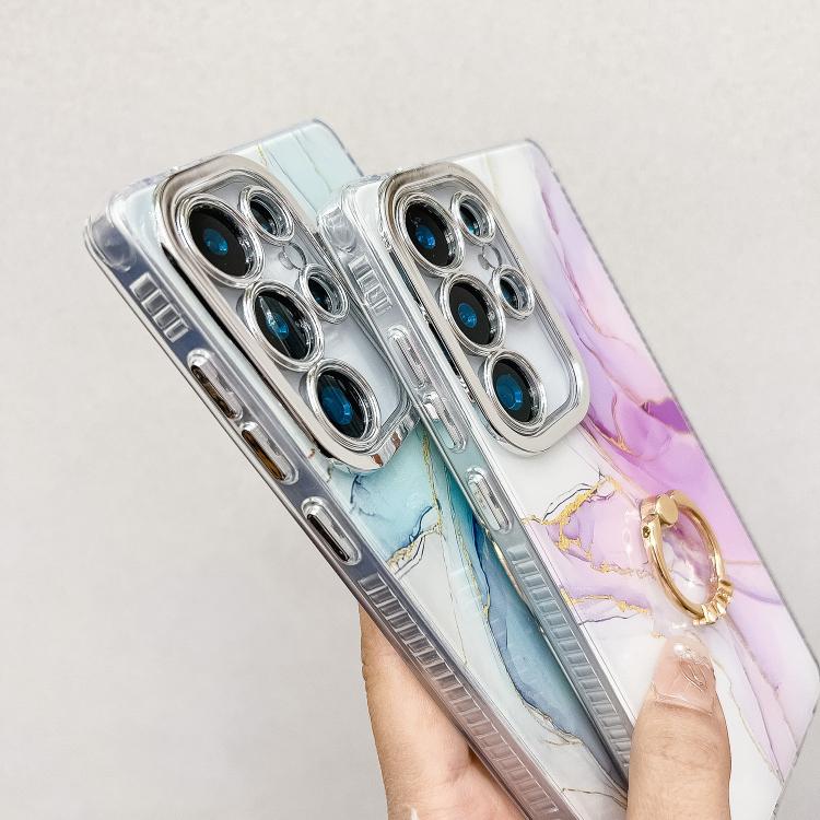 For Samsung Galaxy S25 Ultra 5G Electroplated Marble Texture Ring Holder Phone Case(Yellow Green S13) - Galaxy S25 Ultra 5G Cases by PMC Jewellery | Online Shopping South Africa | PMC Jewellery | Buy Now Pay Later Mobicred