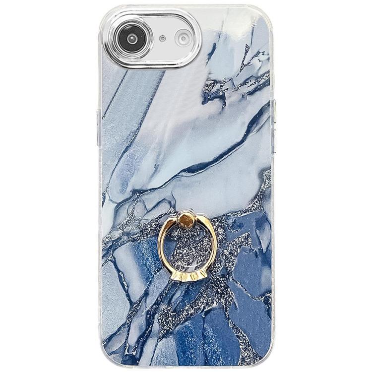 For iPhone 16e Electroplated Marble Texture Ring Holder Phone Case(Navy Blue S17) - iPhone 16e Cases by PMC TechLife | Online Shopping South Africa | PMC TechLife | Buy Now Pay Later Mobicred