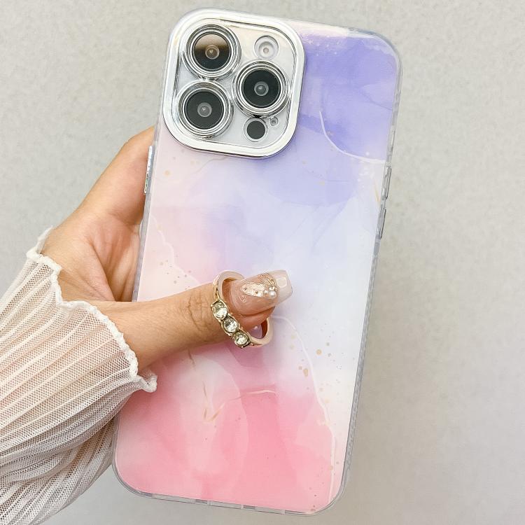For iPhone 16e Electroplated Marble Texture Ring Holder Phone Case(Purple Pink S14) - iPhone 16e Cases by PMC TechLife | Online Shopping South Africa | PMC TechLife | Buy Now Pay Later Mobicred