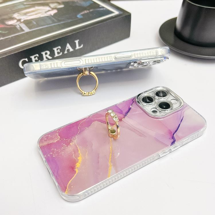 For iPhone 16e Electroplated Marble Texture Ring Holder Phone Case(Blue S11) - iPhone 16e Cases by PMC TechLife | Online Shopping South Africa | PMC TechLife | Buy Now Pay Later Mobicred