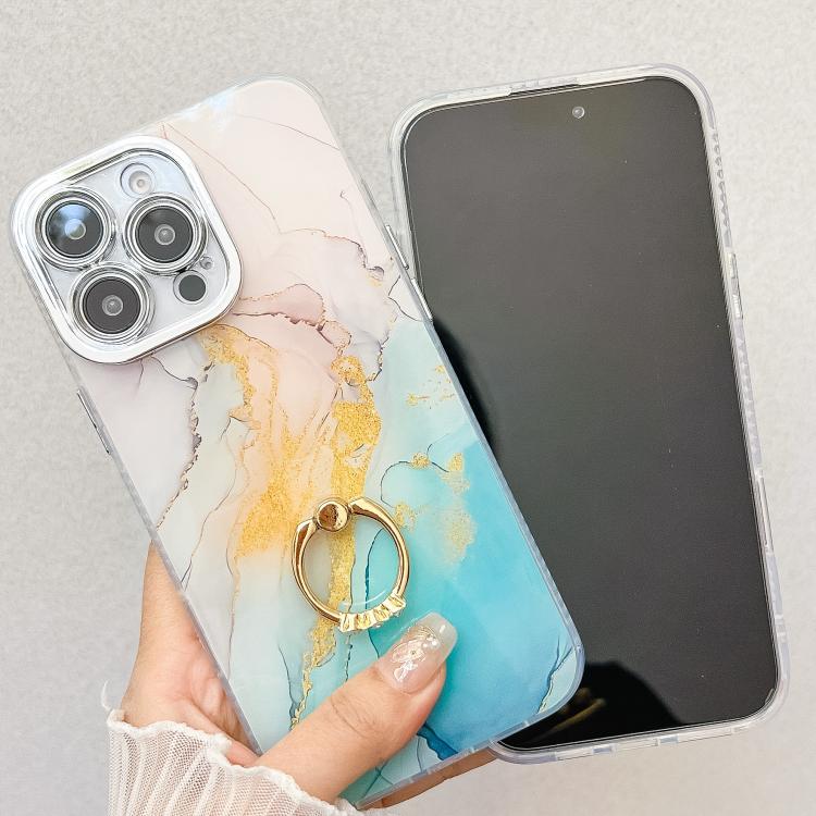 For iPhone 16e Electroplated Marble Texture Ring Holder Phone Case(Gold White S1) - iPhone 16e Cases by PMC TechLife | Online Shopping South Africa | PMC TechLife | Buy Now Pay Later Mobicred