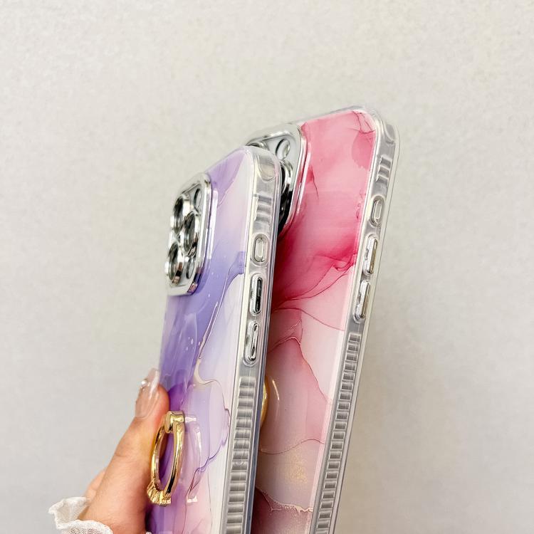 For iPhone 16e Electroplated Marble Texture Ring Holder Phone Case(Purple Blue S18) - iPhone 16e Cases by PMC TechLife | Online Shopping South Africa | PMC TechLife | Buy Now Pay Later Mobicred