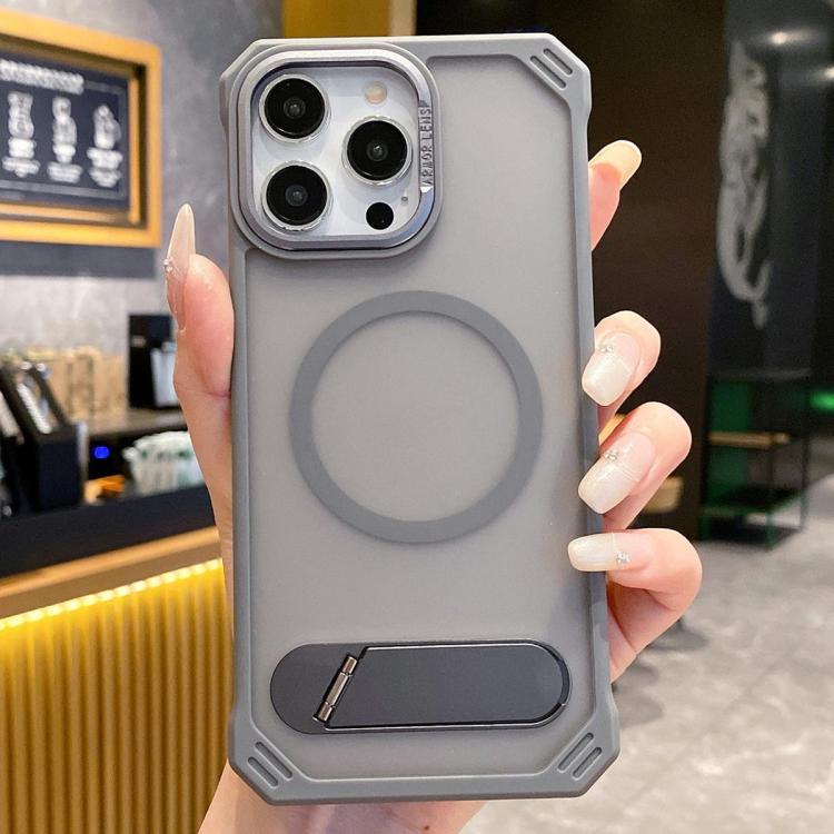 For iPhone 13 Pro Skin Feel Frameless MagSafe PC Phone Case with Fold Holder(Grey) - iPhone 13 Pro Cases by PMc TechLife | Online Shopping South Africa | PMc TechLife | Buy Now Pay Later Mobicred