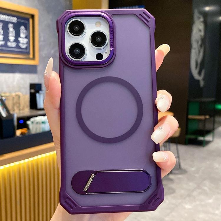 For iPhone 14 Pro Skin Feel Frameless MagSafe PC Phone Case with Fold Holder(Purple) - free shipping - PMc TechLife - Order now!