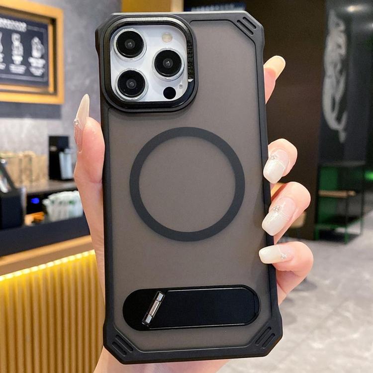 For iPhone 14 Pro Max Skin Feel Frameless MagSafe PC Phone Case with Fold Holder(Black) - iPhone 14 Pro Max Cases by PMc TechLife | Online Shopping South Africa | PMc TechLife | Buy Now Pay Later Mobicred