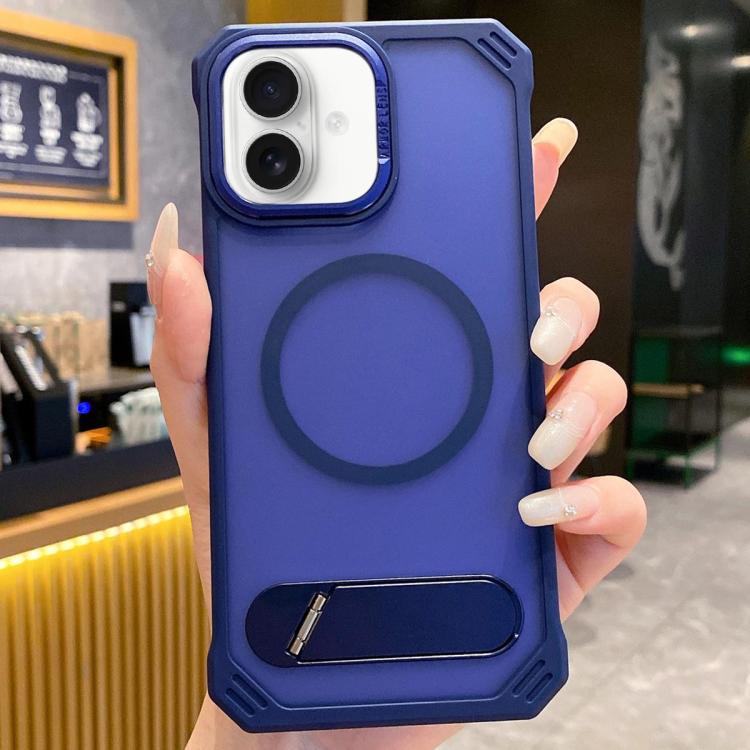 For iPhone 16 Skin Feel Frameless MagSafe PC Phone Case with Fold Holder(Blue) - iPhone 16 Cases by PMc TechLife | Online Shopping South Africa | PMc TechLife | Buy Now Pay Later Mobicred
