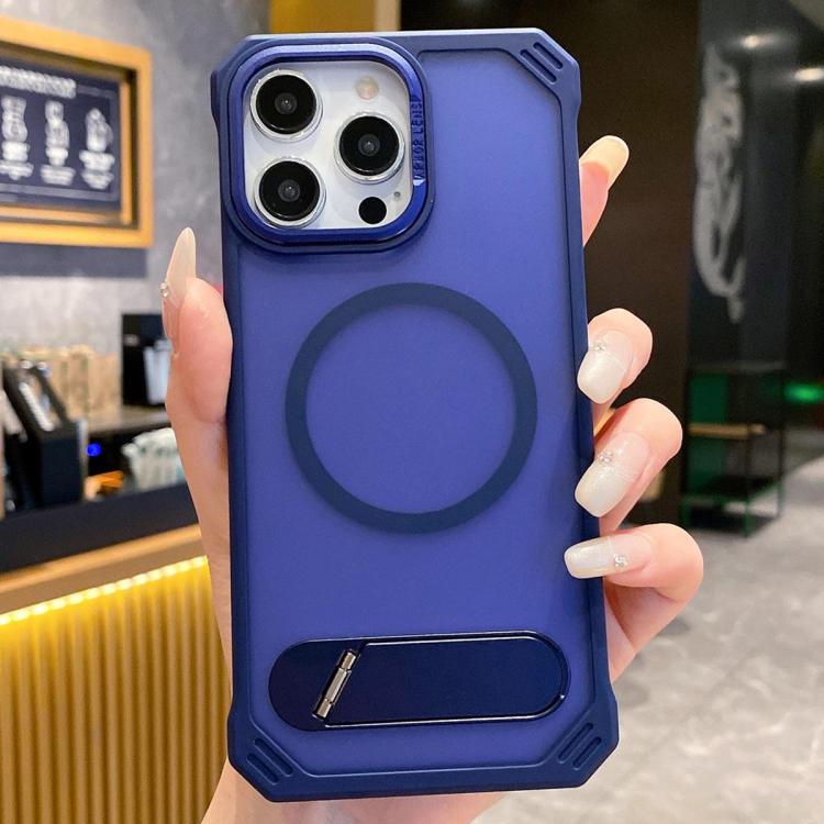 For iPhone 16 Pro Skin Feel Frameless MagSafe PC Phone Case with Fold Holder(Blue) - iPhone 16 Pro Cases by PMc TechLife | Online Shopping South Africa | PMc TechLife | Buy Now Pay Later Mobicred