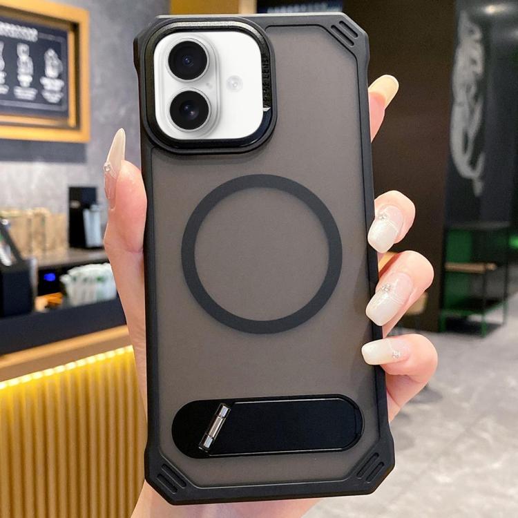 For iPhone 16 Plus Skin Feel Frameless MagSafe PC Phone Case with Fold Holder(Black) - iPhone 16 Plus Cases by PMc TechLife | Online Shopping South Africa | PMc TechLife | Buy Now Pay Later Mobicred