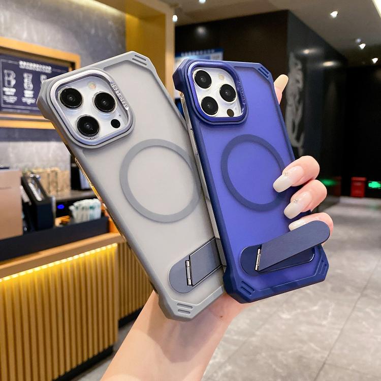 For iPhone 16 Skin Feel Frameless MagSafe PC Phone Case with Fold Holder(Grey) - iPhone 16 Cases by PMc TechLife | Online Shopping South Africa | PMc TechLife | Buy Now Pay Later Mobicred