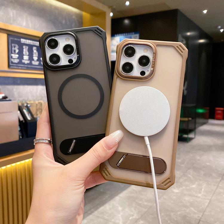 For iPhone 16 Skin Feel Frameless MagSafe PC Phone Case with Fold Holder(Desert Gold) - iPhone 16 Cases by PMc TechLife | Online Shopping South Africa | PMc TechLife | Buy Now Pay Later Mobicred