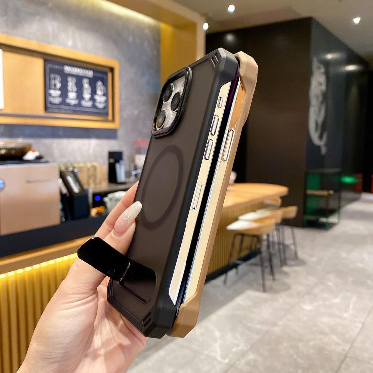 For iPhone 15 Skin Feel Frameless MagSafe PC Phone Case with Fold Holder(Desert Gold) - free shipping - PMc TechLife - Order now!