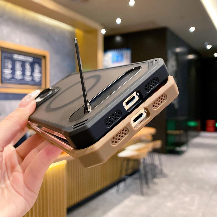 For iPhone 15 Pro Skin Feel Frameless MagSafe PC Phone Case with Fold Holder(Desert Gold) - free shipping - PMc TechLife - Order now!