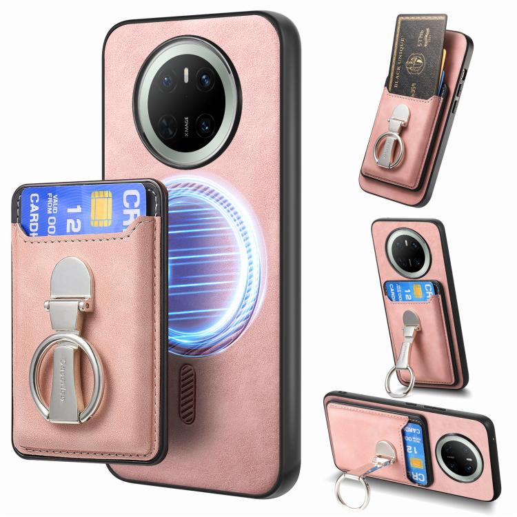 For Huawei Mate 70 Retro Folding Ring Holder Card Bag MagSafe Phone Case(Pink) - Huawei Cases by PMC TechLife | Online Shopping South Africa | PMC TechLife | Buy Now Pay Later Mobicred