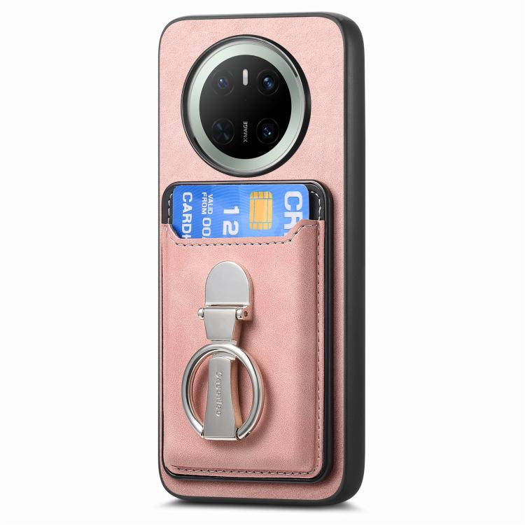 For Huawei Mate 70 Retro Folding Ring Holder Card Bag MagSafe Phone Case(Pink) - Huawei Cases by PMC TechLife | Online Shopping South Africa | PMC TechLife | Buy Now Pay Later Mobicred