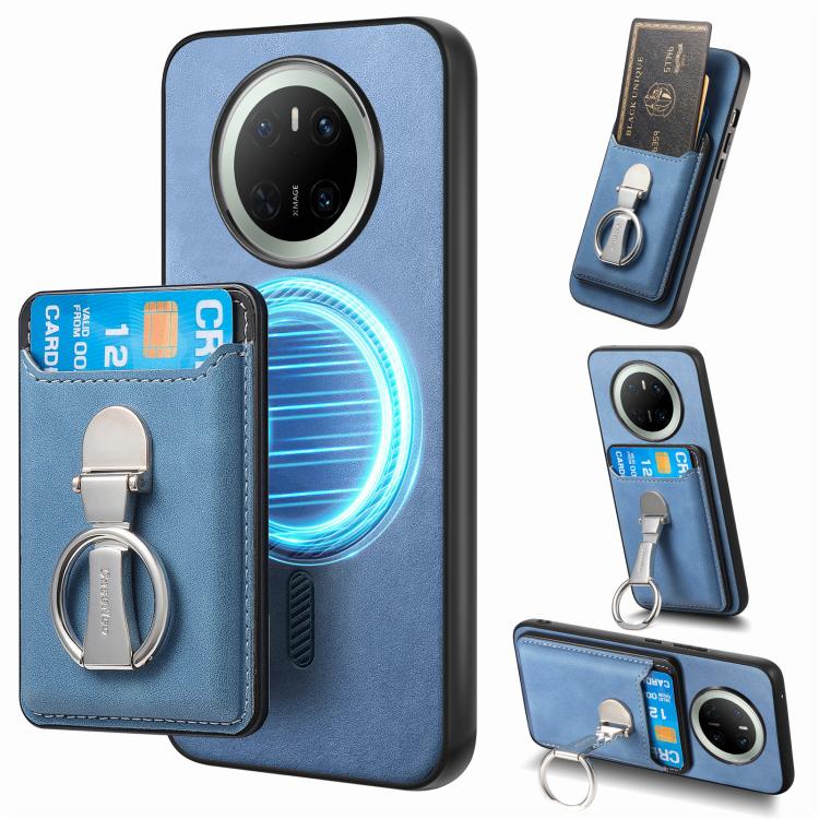 For Huawei Mate 70 Retro Folding Ring Holder Card Bag MagSafe Phone Case(Blue) - Huawei Cases by PMC TechLife | Online Shopping South Africa | PMC TechLife | Buy Now Pay Later Mobicred