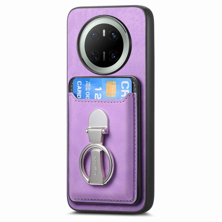 For Huawei Mate 70 Pro Retro Folding Ring Holder Card Bag MagSafe Phone Case(Purple) - Huawei Cases by PMC TechLife | Online Shopping South Africa | PMC TechLife | Buy Now Pay Later Mobicred