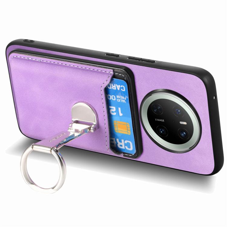 For Huawei Mate 70 Pro Retro Folding Ring Holder Card Bag MagSafe Phone Case(Purple) - Huawei Cases by PMC TechLife | Online Shopping South Africa | PMC TechLife | Buy Now Pay Later Mobicred