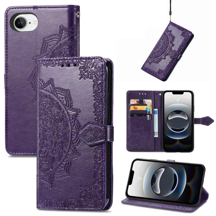 For iPhone 16e Mandala Flower Embossed Leather Phone Case(Purple) - iPhone 16e Cases by PMC TechLife | Online Shopping South Africa | PMC TechLife | Buy Now Pay Later Mobicred