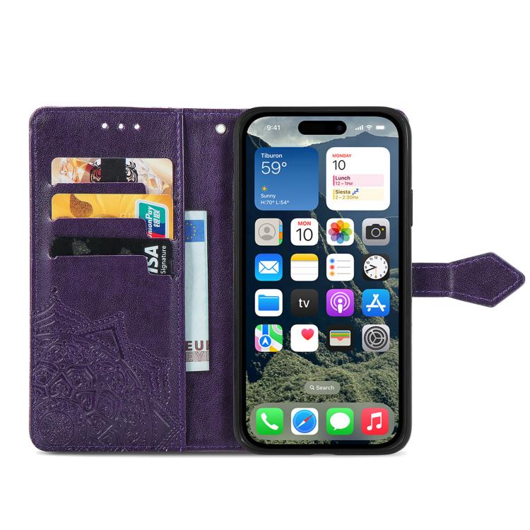 For iPhone 16e Mandala Flower Embossed Leather Phone Case(Purple) - iPhone 16e Cases by PMC TechLife | Online Shopping South Africa | PMC TechLife | Buy Now Pay Later Mobicred