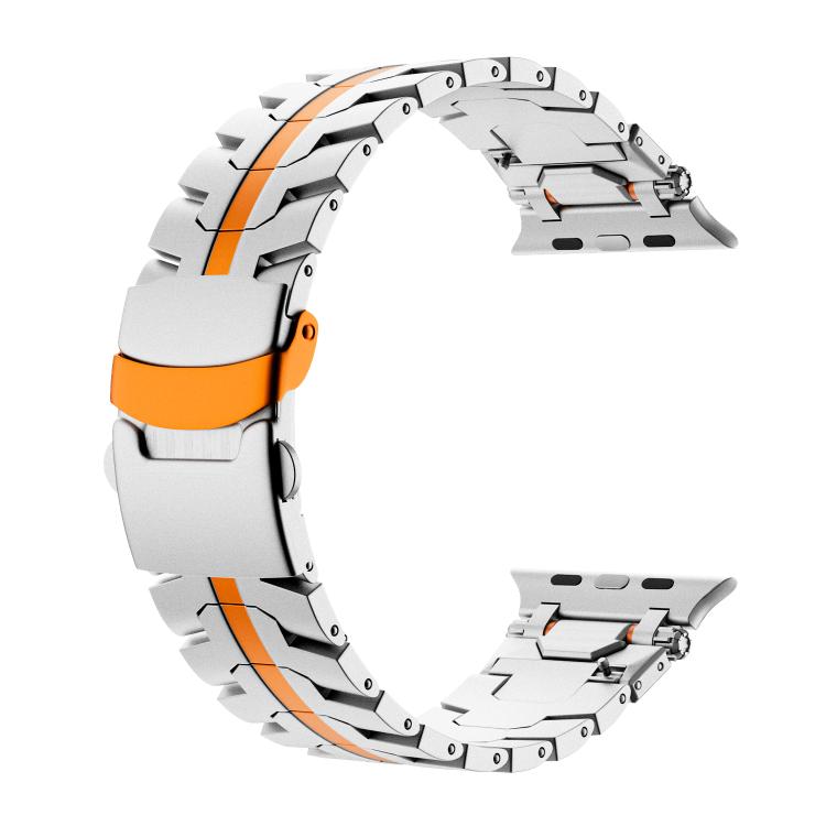 For Apple Watch 46mm / 49mm / 45mm / 44mm Stainless Steel Iron Man Safety Buckle Metal Watch Band(Silver Orange) - free shipping - PMC TechLife - Order now!