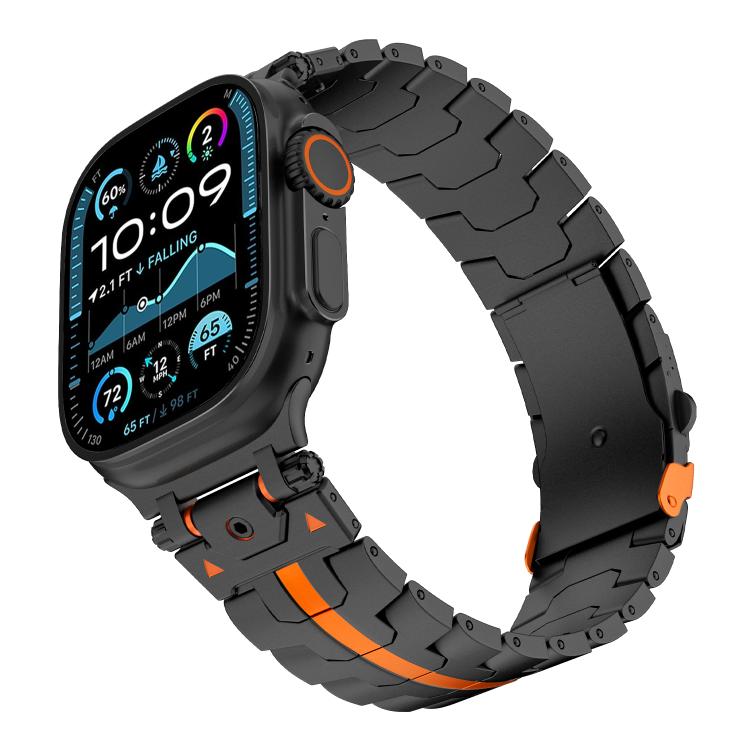 For Apple Watch 46mm / 49mm / 45mm / 44mm Stainless Steel Iron Man Safety Buckle Metal Watch Band(Black Orange) - free shipping - PMC TechLife - Order now!
