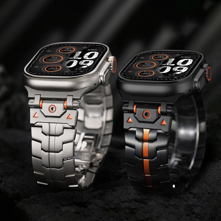 For Apple Watch 46mm / 49mm / 45mm / 44mm Stainless Steel Iron Man Safety Buckle Metal Watch Band(Black Orange) - free shipping - PMC TechLife - Order now!
