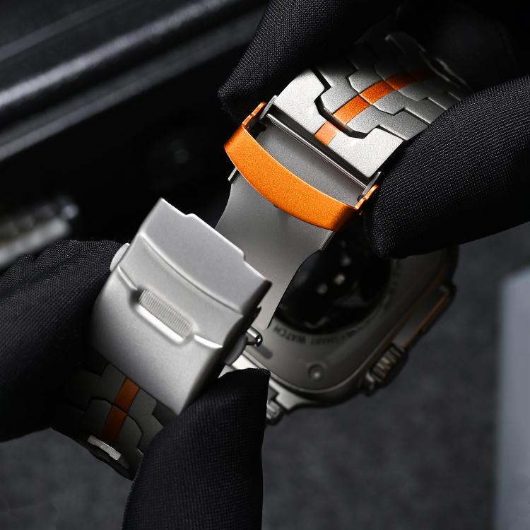 For Apple Watch 42mm / 41mm / 40mm / 38mm Stainless Steel Iron Man Safety Buckle Metal Watch Band(Black Orange) - free shipping - PMC TechLife - Order now!
