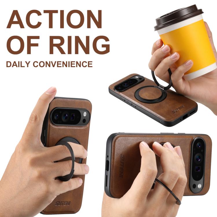 For Google Pixel 9 Pro Suteni G3 Oil Wax 360 Rotation Holder MagSafe Back Phone Case(Brown) - Google Cases by Suteni | Online Shopping South Africa | PMC TechLife | Buy Now Pay Later Mobicred