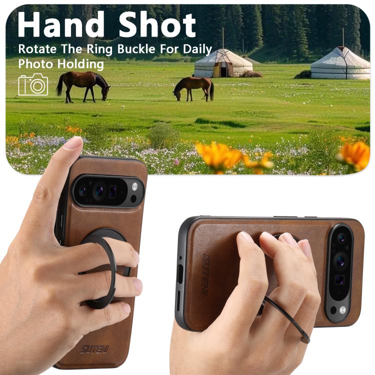 For Google Pixel 9 Suteni G3 Oil Wax 360 Rotation Holder MagSafe Back Phone Case(Brown) - Google Cases by Suteni | Online Shopping South Africa | PMC TechLife | Buy Now Pay Later Mobicred