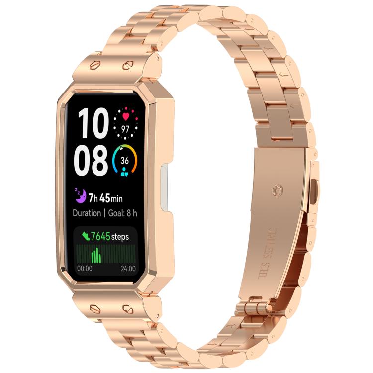 For Huawei Band 10 / 10 NFC / 9 / 9 NFC Watch Frame Integrated Three Beads Stainless Steel Watch Band(Rose Gold) - free shipping - PMC TechLife - Order now!