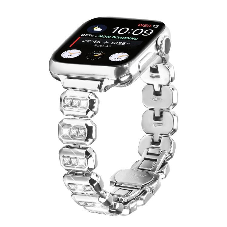 For Apple Watch 46mm / 49mm / 45mm / 44mm Small Square Diamonds Butterfly Buckle Watch Band(Silver) - free shipping - PMC TechLife - Order now!