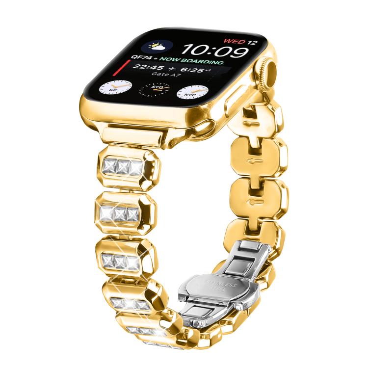 For Apple Watch 42mm / 41mm / 40mm / 38mm Small Square Diamonds Butterfly Buckle Watch Band(Gold) - free shipping - PMC TechLife - Order now!