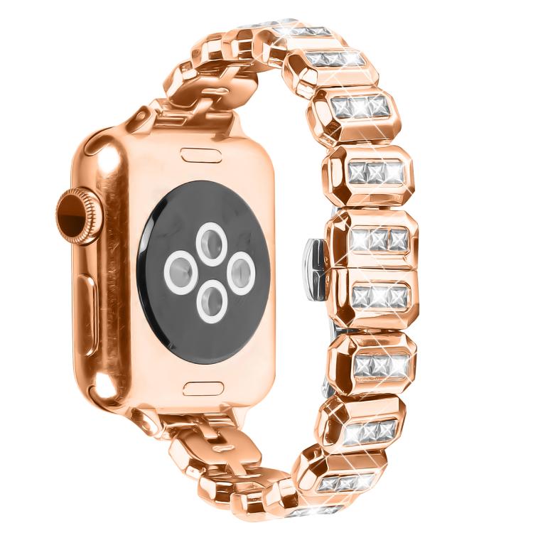 For Apple Watch 42mm / 41mm / 40mm / 38mm Small Square Diamonds Butterfly Buckle Watch Band(Rose Gold) - free shipping - PMC TechLife - Order now!