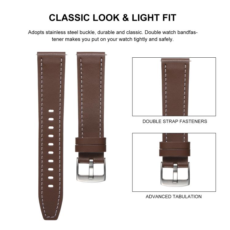 22mm Push Button Silver Steel Buckle Genuine Leather Watch Band(Black) - free shipping - PMC TechLife - Order now!