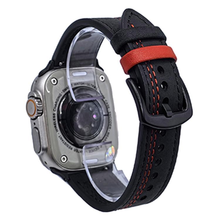For Apple Watch 46mm / 49mm / 45mm / 44mm 7-Line Tri-Star Buckle Pull Up Leather Watch Band(Black Red Thread) - Watch Bands by PMC TechLife | Online Shopping South Africa | PMC TechLife | Buy Now Pay Later Mobicred