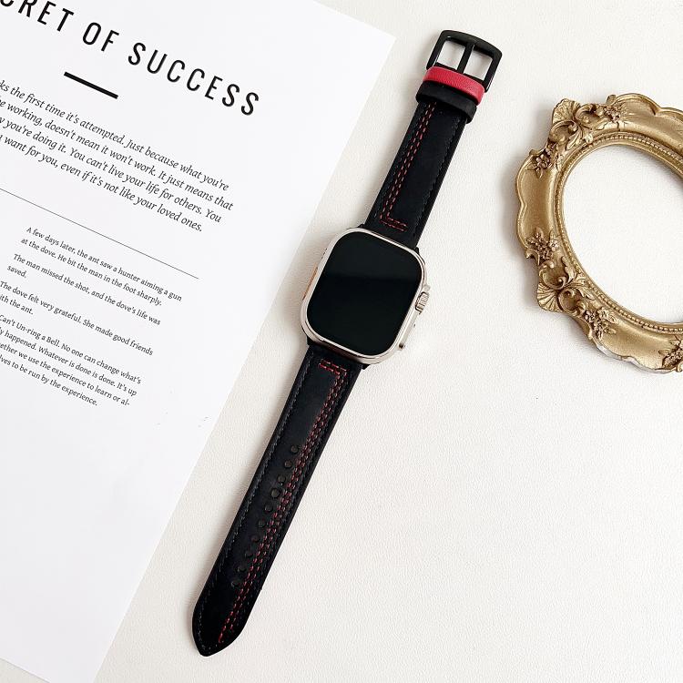 For Apple Watch 46mm / 49mm / 45mm / 44mm 7-Line Tri-Star Buckle Pull Up Leather Watch Band(Black Red Thread) - Watch Bands by PMC TechLife | Online Shopping South Africa | PMC TechLife | Buy Now Pay Later Mobicred