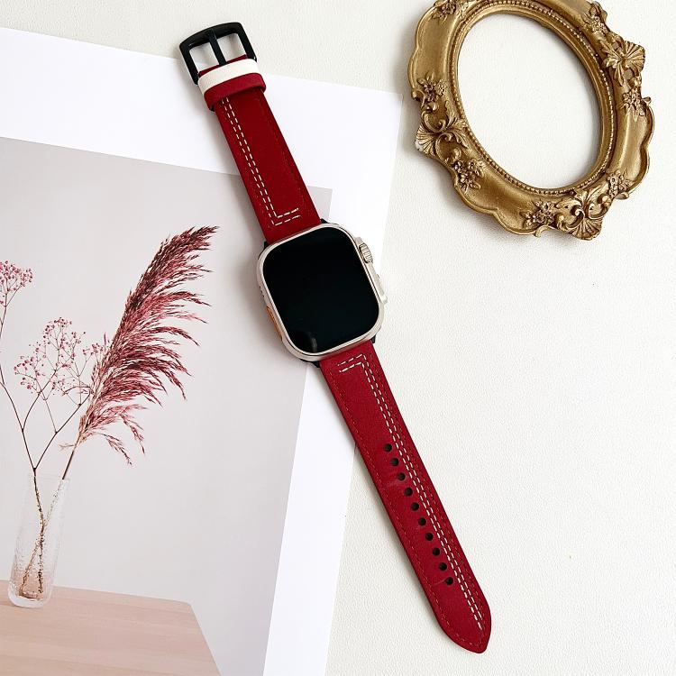 For Apple Watch 46mm / 49mm / 45mm / 44mm 7-Line Tri-Star Buckle Pull Up Leather Watch Band(Burgundy White Thread) - Watch Bands by PMC TechLife | Online Shopping South Africa | PMC TechLife | Buy Now Pay Later Mobicred